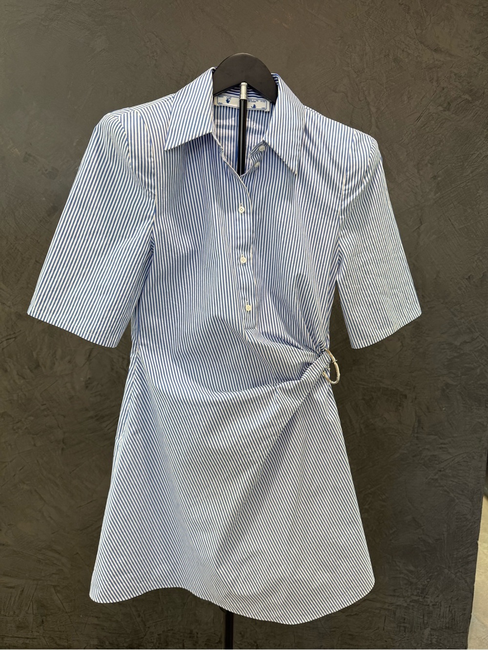 Off-White Blue & White Striped Mini Shirt Dress with Side Ring